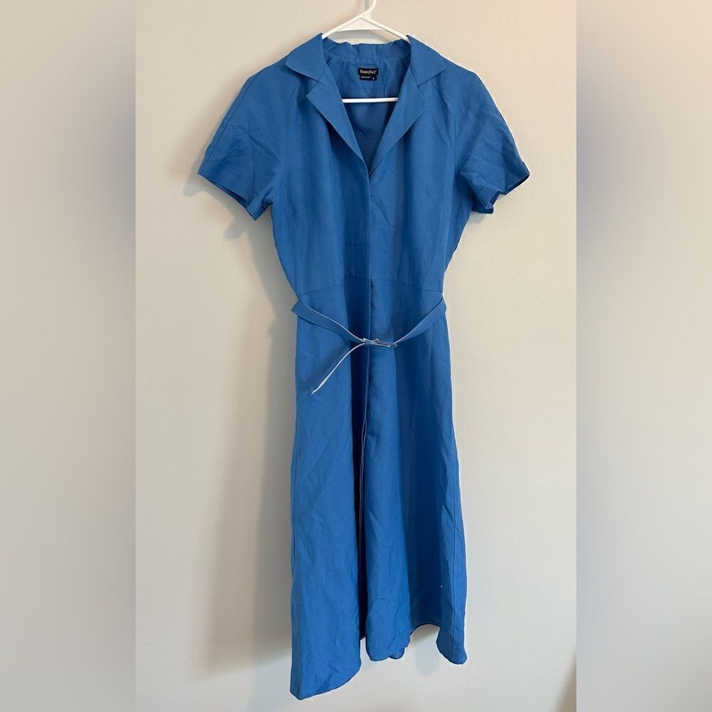 Barrie Pace Blue Silk Linen Blend Blue Button Down Dress Size 6 Vintage READ